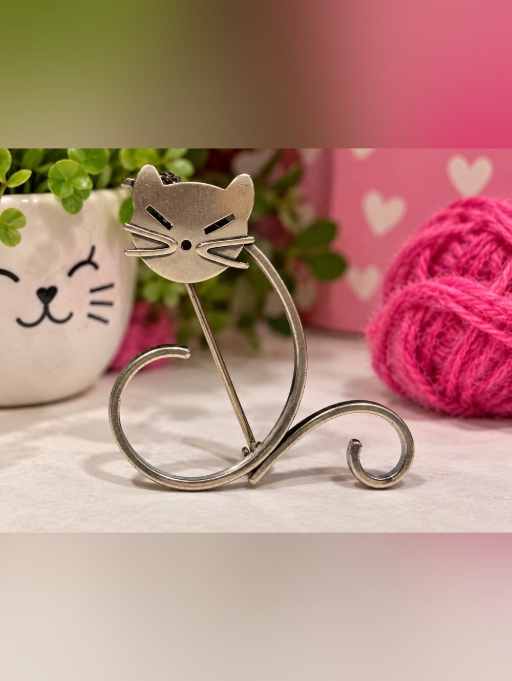 Abstract Cat Brooch Pin – Whimsical Curled Tail – Possible Sterling Silver